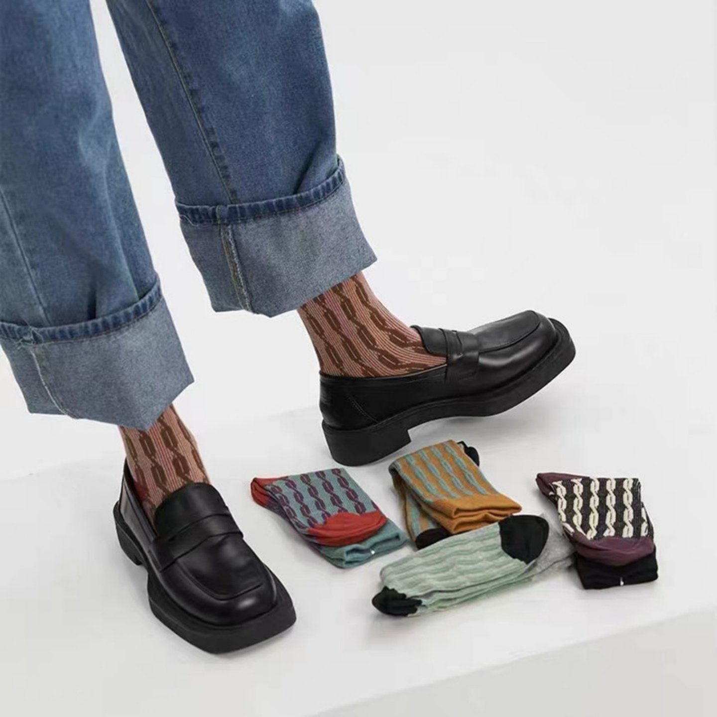 ins日系复古麻花浮雕撞色中筒袜