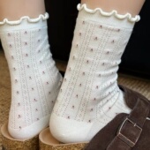 日系小碎花网眼袜子女夏薄款 透气花边中筒袜甜美木耳边堆堆袜ins