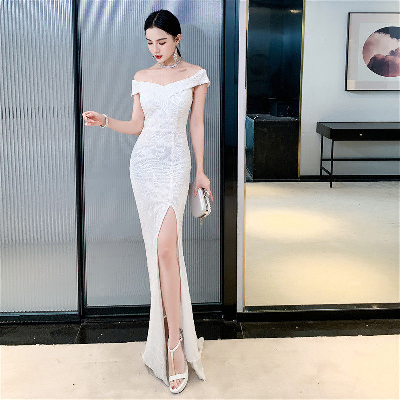 高端白色晚礼服女亮片长款鱼尾裙
