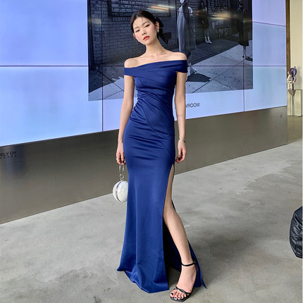 高端晚礼服抹胸敬酒服性感修身显瘦鱼尾走秀演出连衣裙车模一字肩