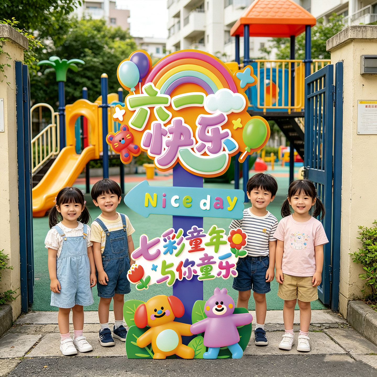 六一儿童节主题幼儿园学校拍照彩虹相框打卡点场景布置活动指示牌