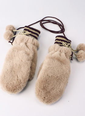 手套冬天女加绒加厚可爱露指保暖触屏棉毛绒韩版学生户外连指挂脖