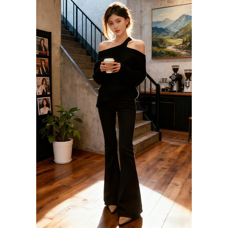 巨好看的秋冬装气质名媛挂脖针织毛衣休闲喇叭裤高级感两件套装女