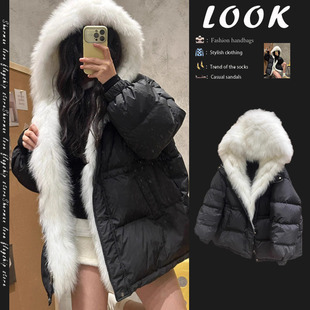 小个子洋气加厚保暖外套 2024新款 可拆卸大毛领韩版 羽绒棉服女冬季