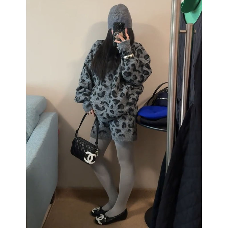 复古宽松大码豹纹针织套装女秋冬