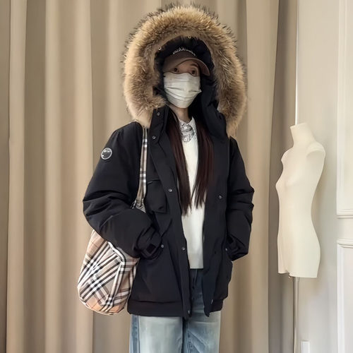 韩版宽松大毛领连帽羽绒棉服女冬