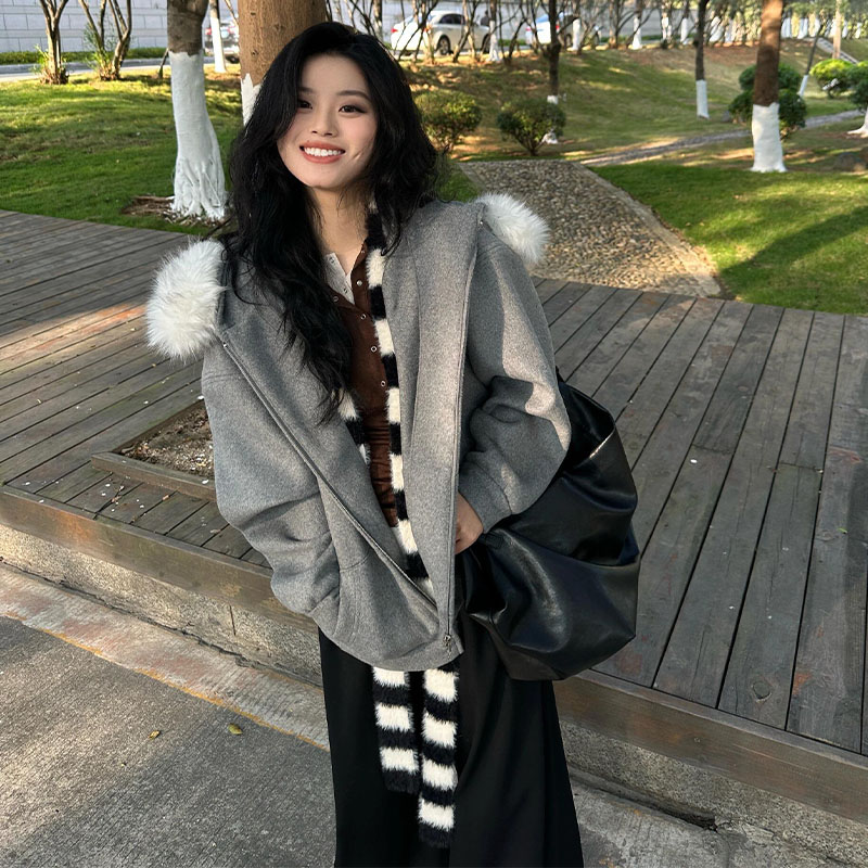 气质大毛领连帽卫衣外套女秋冬装