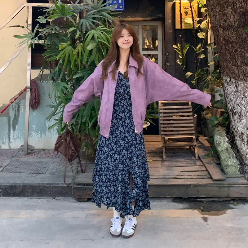 秋冬今年流行爆款紫色皮衣外套女