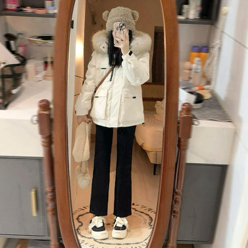 工装派克连帽大毛领羽绒棉服女冬