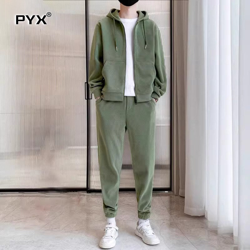 高端加绒卫衣男士休闲运动套装2024秋冬季新款连帽保暖男装两件套