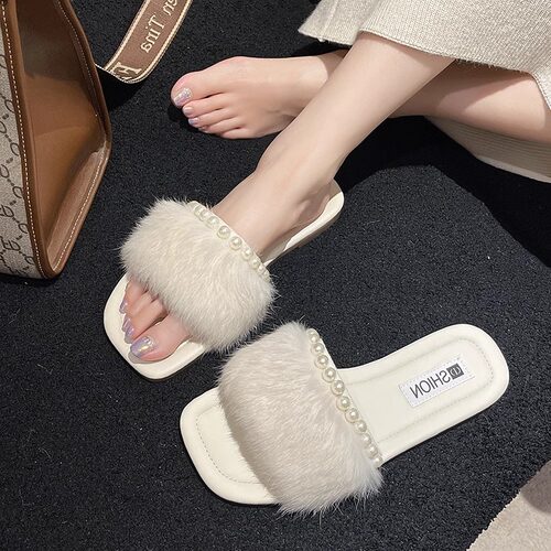 珍珠毛毛拖鞋女夏季外穿2025新款平底软底仙女风网红一字拖凉拖鞋