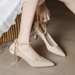 法式高跟鞋女2025春秋新款粗跟不累脚珍珠一字带配裙子气质单鞋子