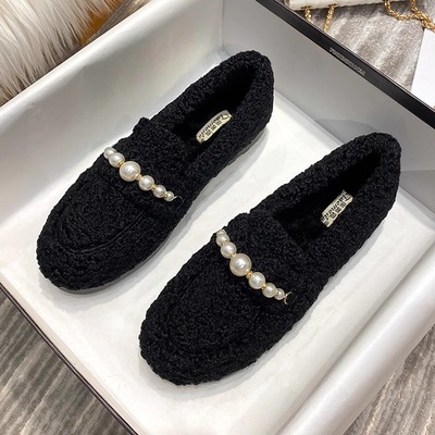 软底冬季外穿毛毛鞋女加绒豆豆鞋2025新款一脚蹬保暖防滑乐福鞋子