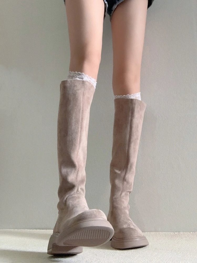 女式麂皮靴2025春秋季新款羊毛衬里厚底弹性厚腿修身看起来不超过,女鞋,骑士靴,淘宝优惠券,粉丝福利购,淘宝优惠卷