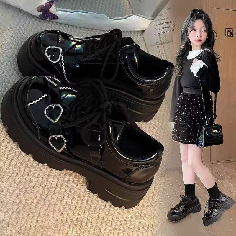 女童黑色设计感系带小皮鞋