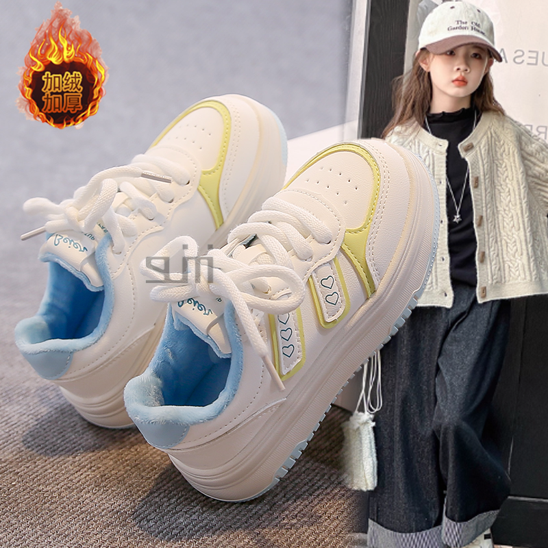 女童低帮加绒板鞋保暖2025冬季新款系带皮面中大童女孩二棉运动鞋