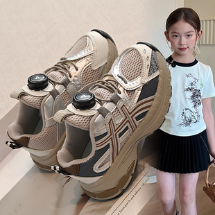 女童旋钮鞋2026春季网红同款厚底老爹鞋软底ins风儿童运动鞋紫潮