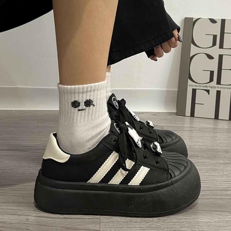 女童运动鞋中大童女孩厚底面包鞋黑色三条杠学生系带休闲鞋德训鞋