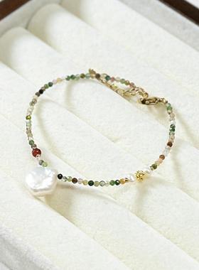 钛钢极细轻奢天然石玛瑙手链女淡水珍珠手串异形巴洛克珍珠手链女