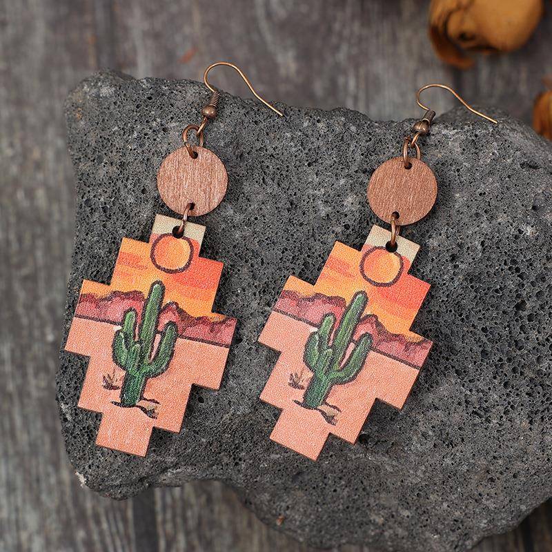 跨境新款西部风沙漠仙人掌木质耳环复古十字架形耳饰女