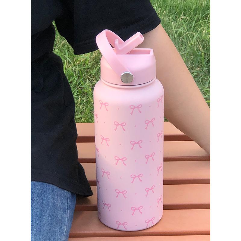 新款跨境不锈钢保温杯带吸管奶茶杯蝴蝶结套装便携提手运动水杯