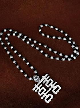 复古民族风仿银双喜字吊坠女中国风圆形镂空囍项链长款大气毛衣链