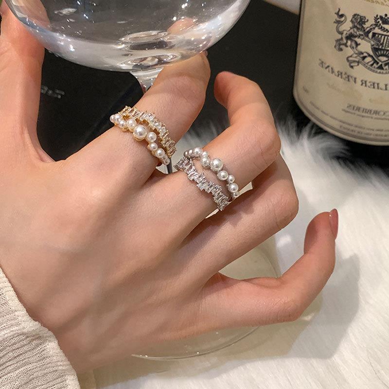 锆石珍珠双层金属开口戒指女轻奢复古级感显白精致时尚百搭指环
