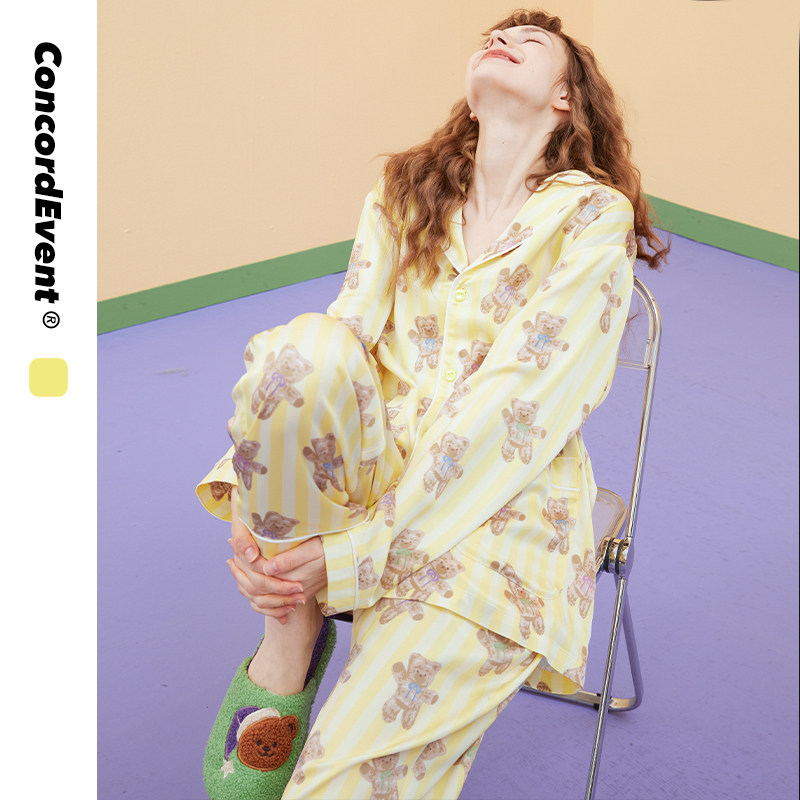 【推荐】CONCORDEVENT小熊满印条纹睡衣女两件套装家居服薄款情侣
