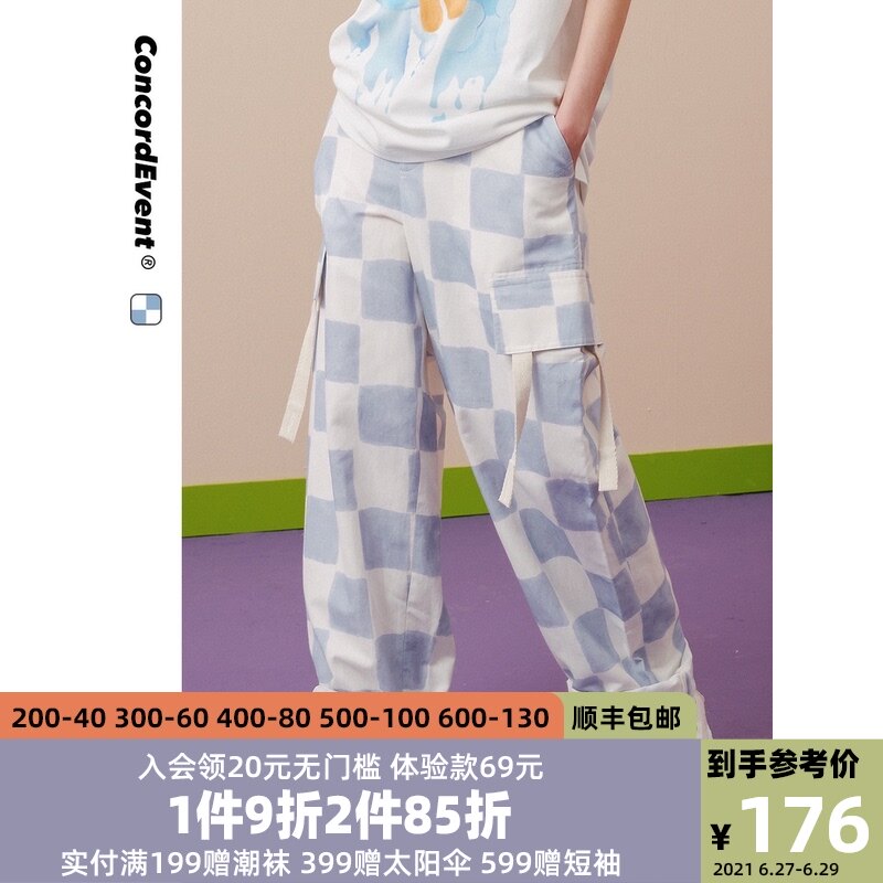 CONCORDEVENT春季潮牌工裝棋盤格休閑褲男寬松直筒闊腿哈倫長褲子在類目 男裝, 休閒褲中 - 來自Buy2taobao.com提供專業的淘寶代購服務