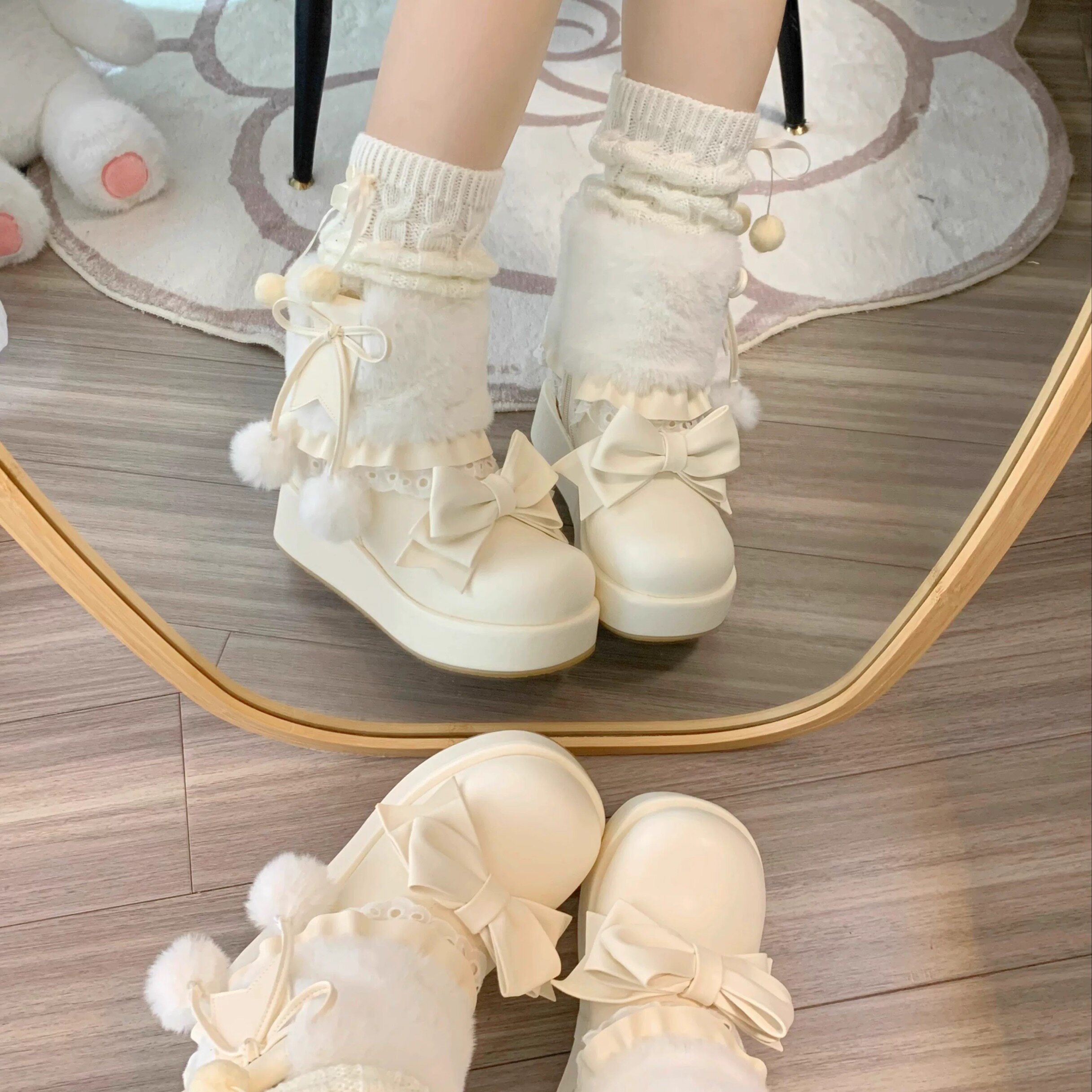 冬季雪地加绒圆头厚底可爱甜美少女lolita靴子