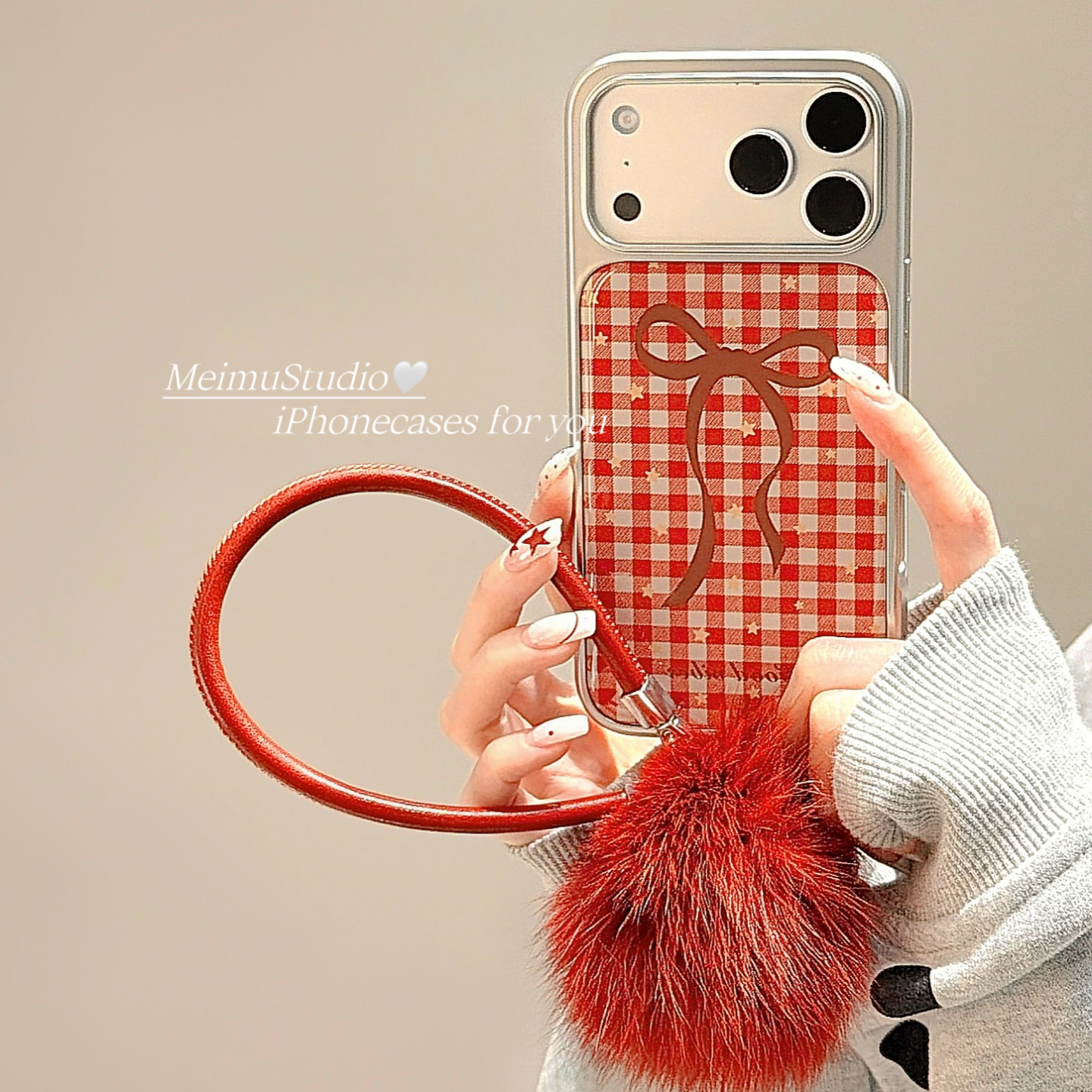 韩风红格纹蝴蝶结适用苹果手机壳