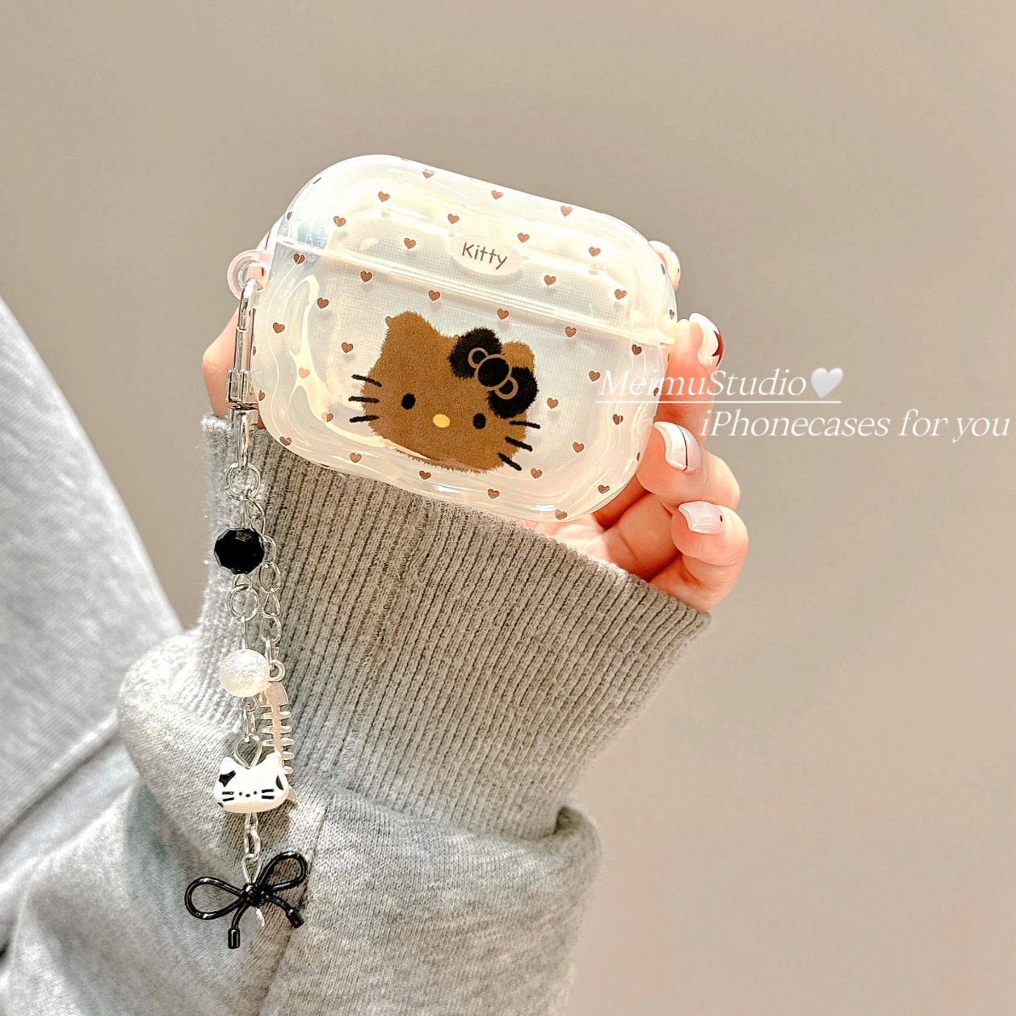 复古棕色爱心KT猫适用苹果耳机壳