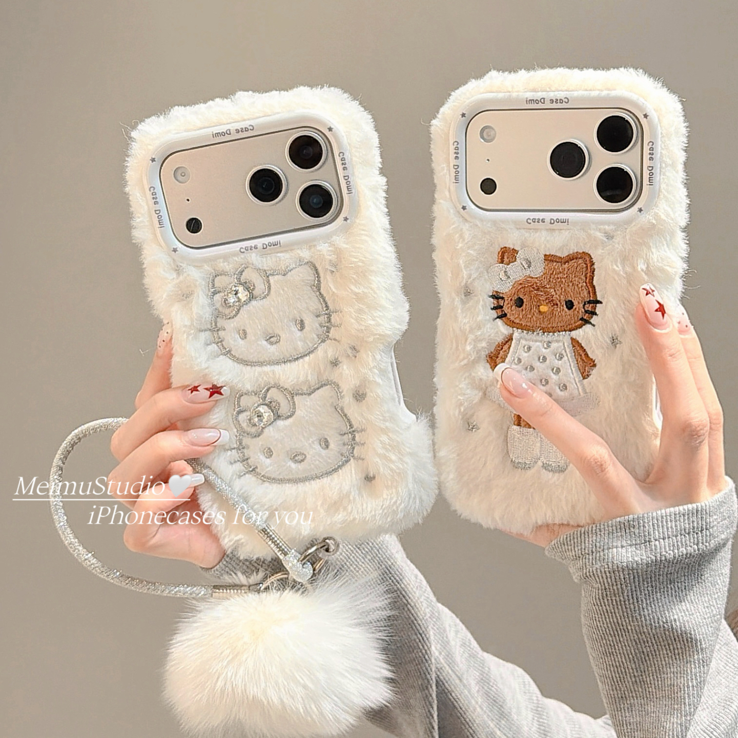 秋冬毛绒刺绣KT猫适用苹果手机壳