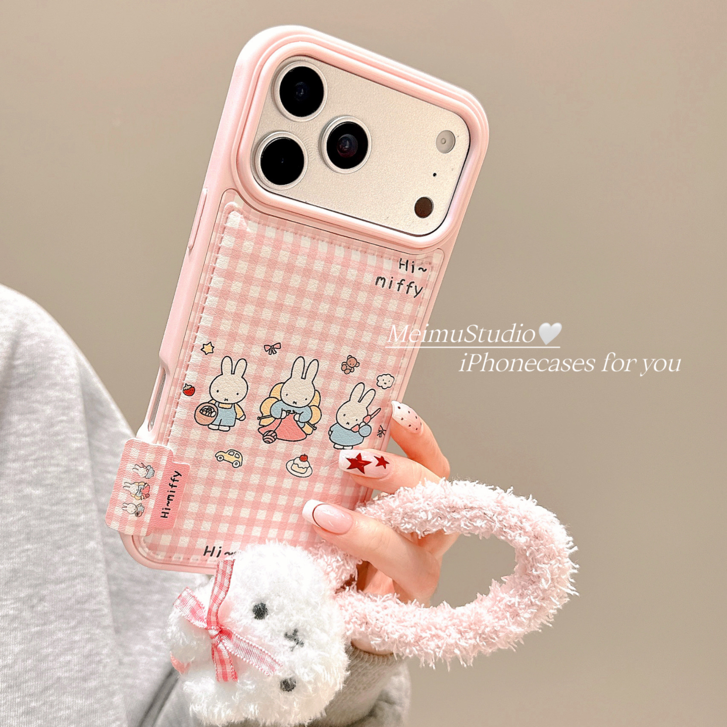 少女粉格纹米菲兔适用苹果手机壳