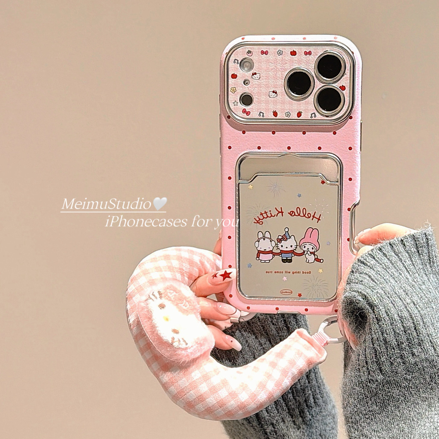 卡通KT猫镜面卡包适用苹果手机壳