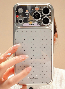 美牧韩系ins简约白色波点适用苹果17pro手机壳iphone16promax新款15电镀镜面17大视窗14pm女13高级感16全包硬