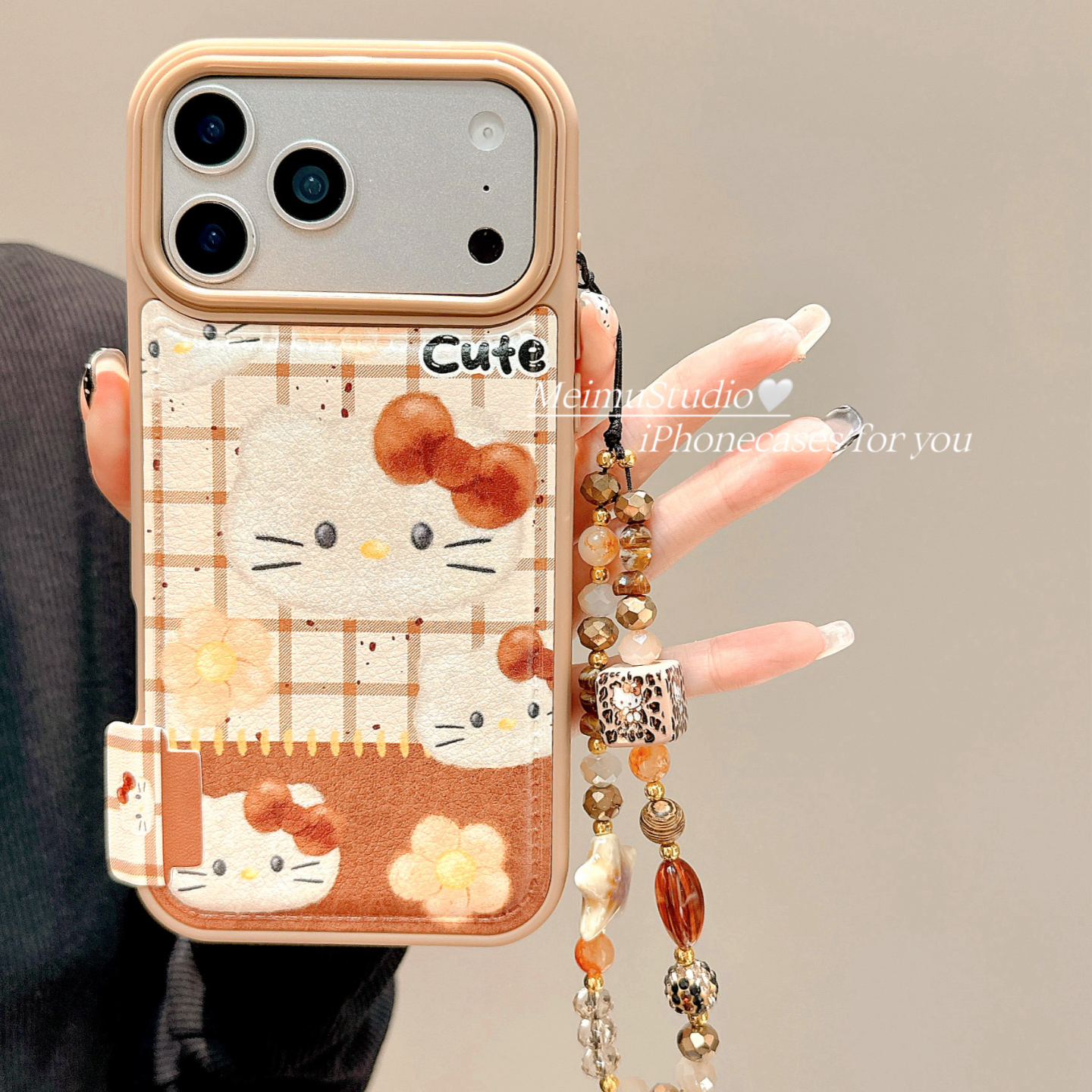 秋冬棕色格纹KT猫适用苹果手机壳