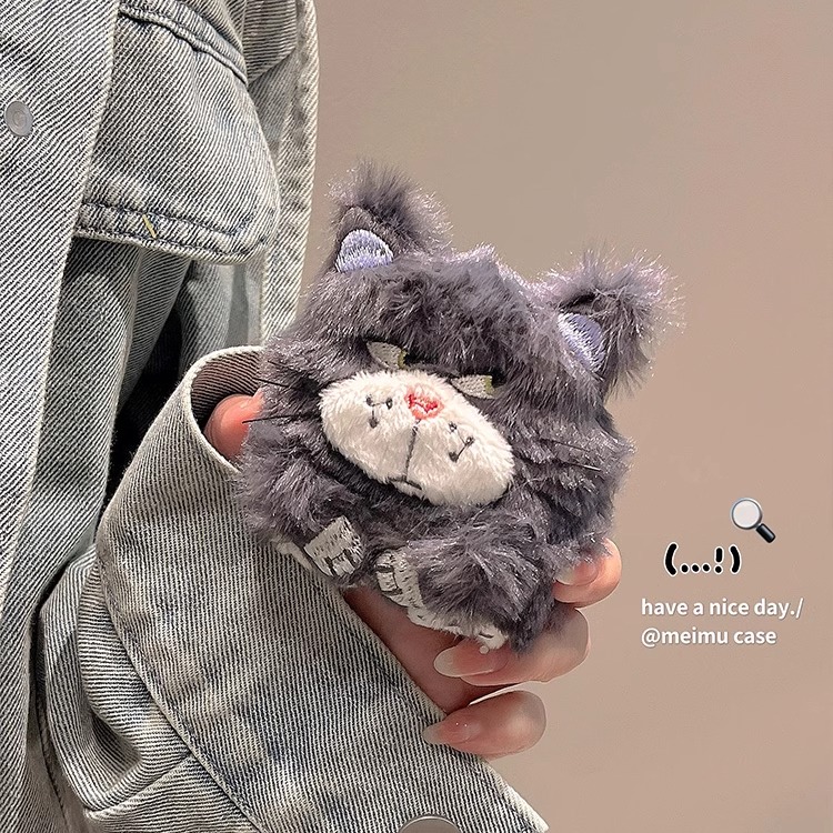 可爱灰色毛绒猫咪适用airpods保护套三代pro2苹果无线蓝牙耳机套airpodspro保护壳二代airpods2/3代包ipods软