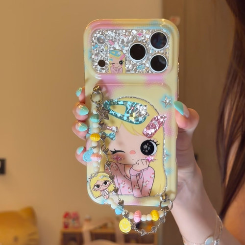 美牧 古早钻石纹镭射芭比女孩适用苹果17promax手机壳iphone16pro新款15女17pro带手腕链15pro全包防摔手机套