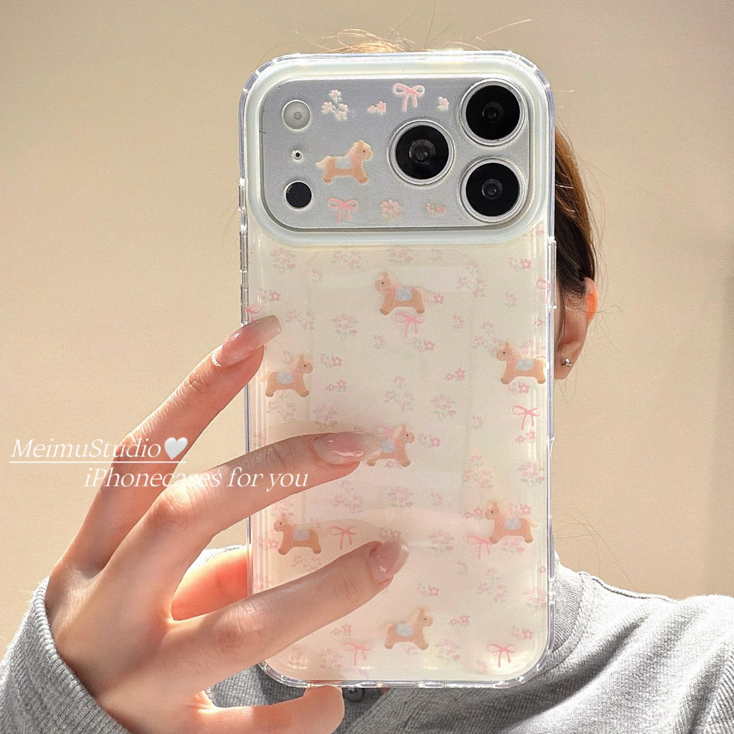 美牧ins韩风碎花蝴蝶结小马适用苹果17pro手机壳iphone