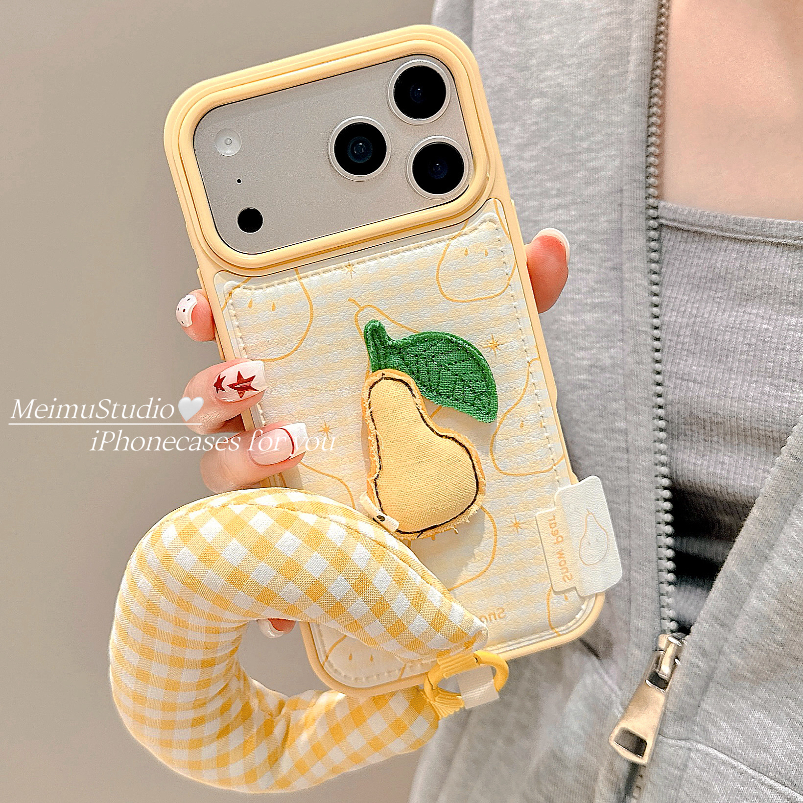 日韩黄色格纹雪梨适用苹果手机壳