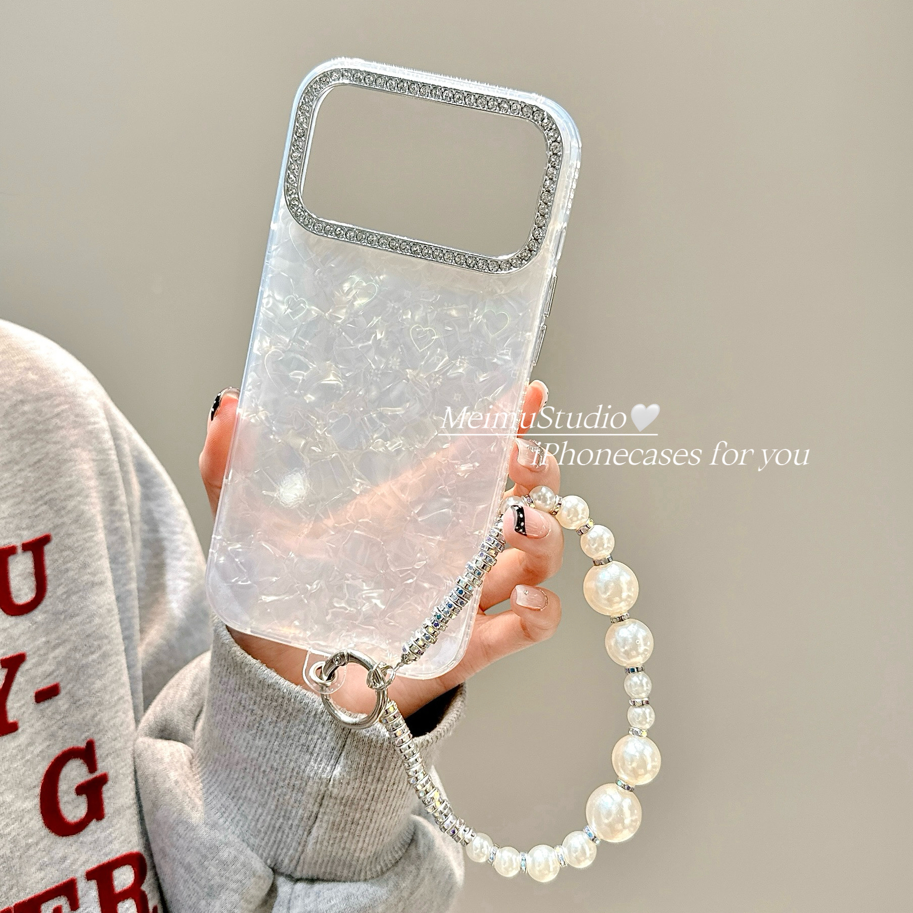 美牧梦幻ins唯美贝壳纹镭射爱心适用iphone17promax手机壳苹果15新款16带链条17日韩14pm高级16pro女神13全包