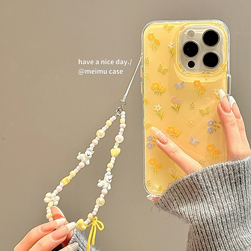 春日小清新黄色碎花适用苹果17promax手机壳iPhone15新款14pm带链条13双层16pro韩风女15pro高级感16全包创意