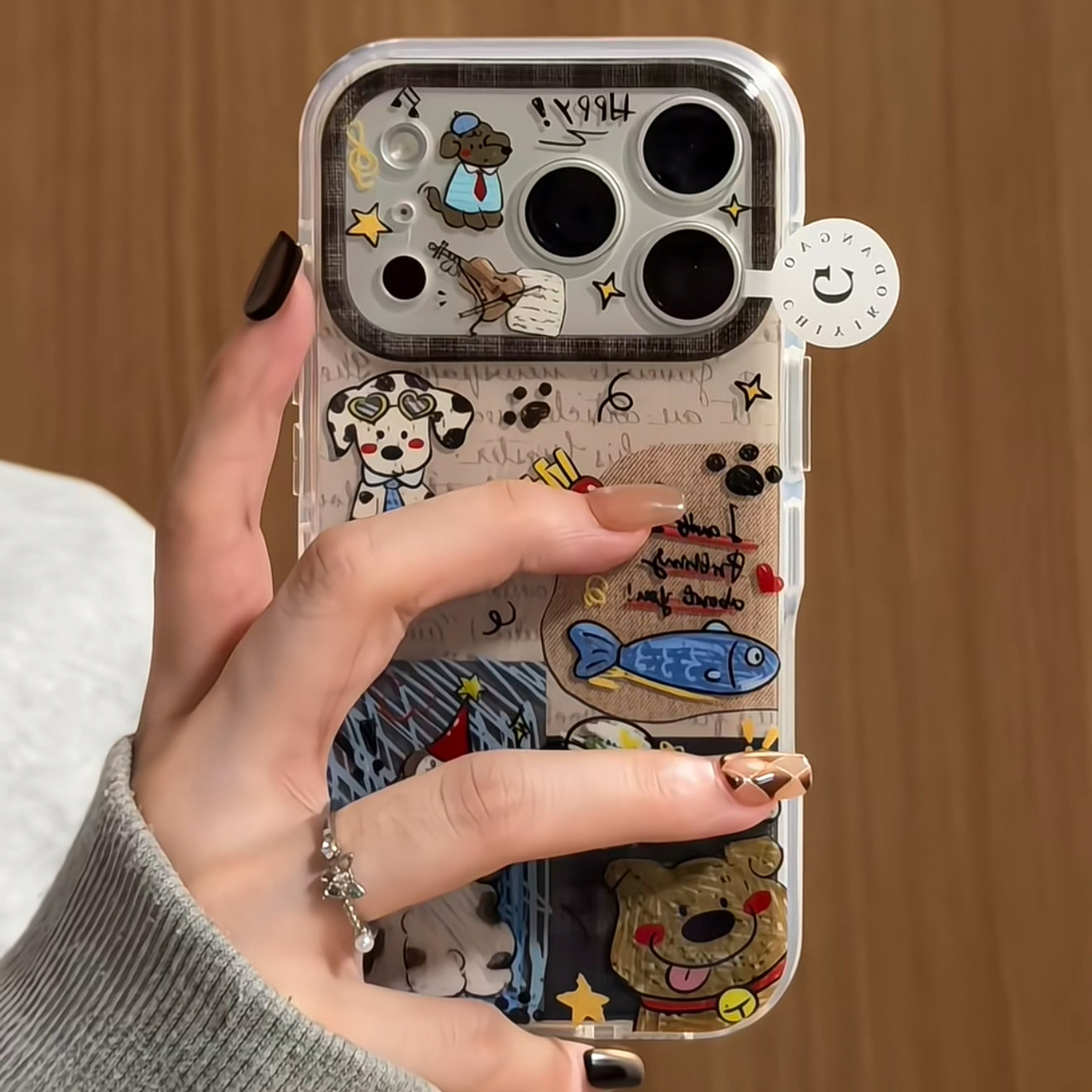 美牧 可爱涂鸦英文蓝色领带斑点狗适用苹果18promax手机壳iphone17pro新款15女16pro创意18pro全包防摔手机套										