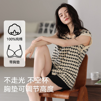 2025夏季新款睡衣女带胸垫纯棉背心短裤套头家居服套装薄款可外穿