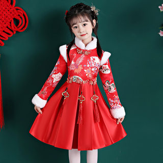冬季新款中国风女童拜年服国潮儿童长袖加绒古装连衣裙红色旗袍裙