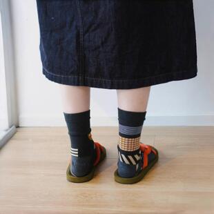 韩版袜子女AB复古日系高级感文艺不对称无骨情侣中筒袜学院风长袜