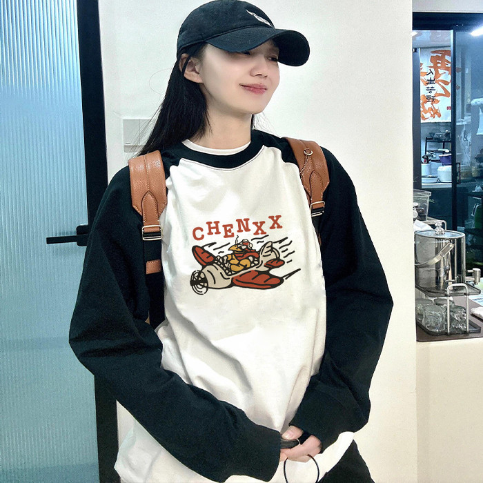 拼色插肩长袖t恤女秋季情侣款宽松慵懒风纯棉休闲运动打底衫上衣