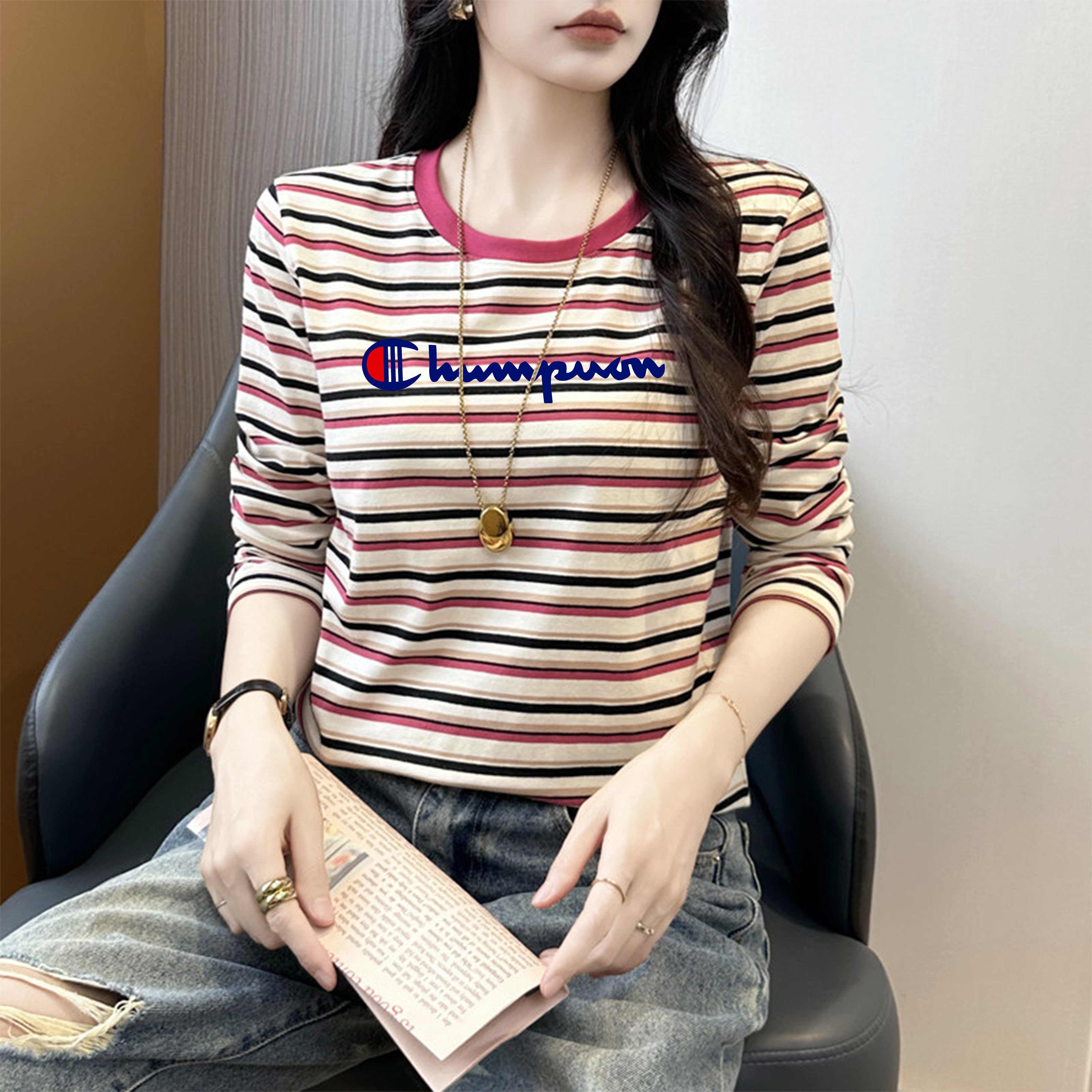 冠军日版条纹设计感纯棉长袖女2026新款时尚显瘦运动休闲宽松上衣