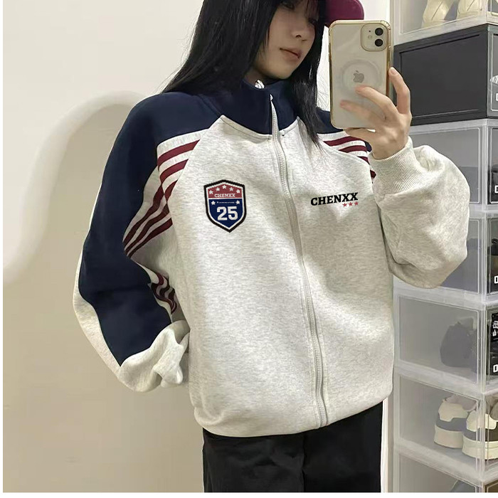 美式高街撞色三条杠运动立领卫衣外套女春秋宽松百搭开衫夹克上衣